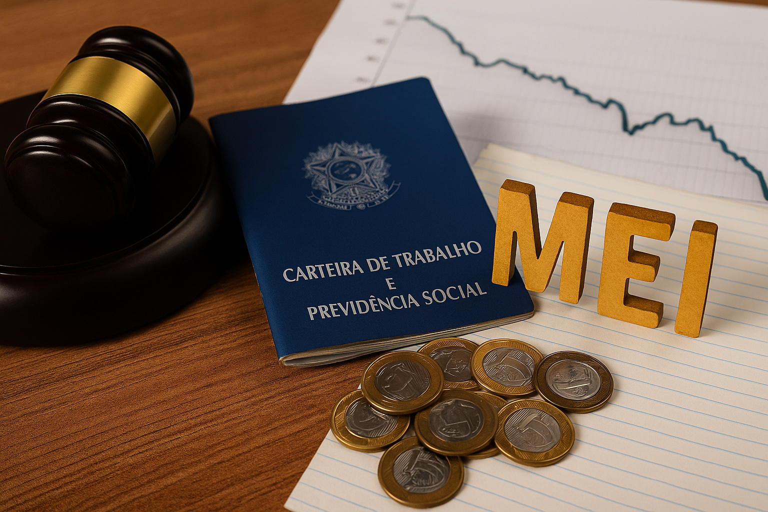 Imagem ilustrativa ultra realista mostra uma carteira de trabalho ao lado de moedas e martelo judicial, simbolizando o julgamento da pejotização no STF e seus impactos nos direitos trabalhistas e na Previdência Social.