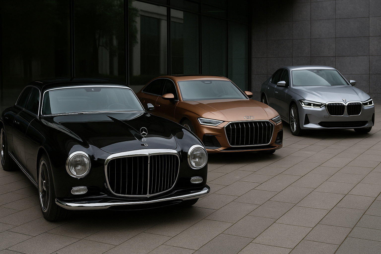 Carros Mercedes-Benz, Audi e BMW com design retrô e traços modernos, representando a união entre tradição e inovação no setor automotivo alemão.