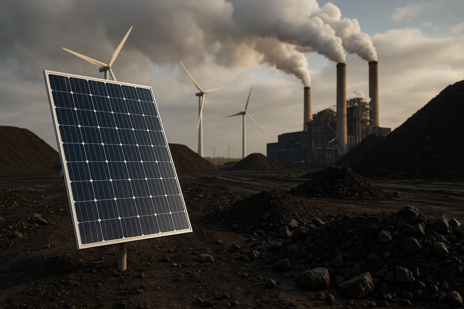 Painel solar e turbinas eólicas em contraste com usina de carvão ao fundo, simbolizando a transição energética global e a ascensão das fontes renováveis.