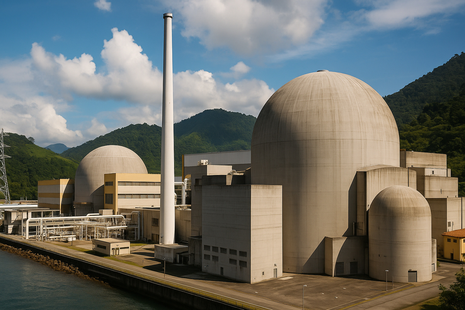 Usina nuclear Angra 3 no litoral brasileiro, cercada por montanhas e mar, simbolizando a integração entre energia, tecnologia e defesa nacional.