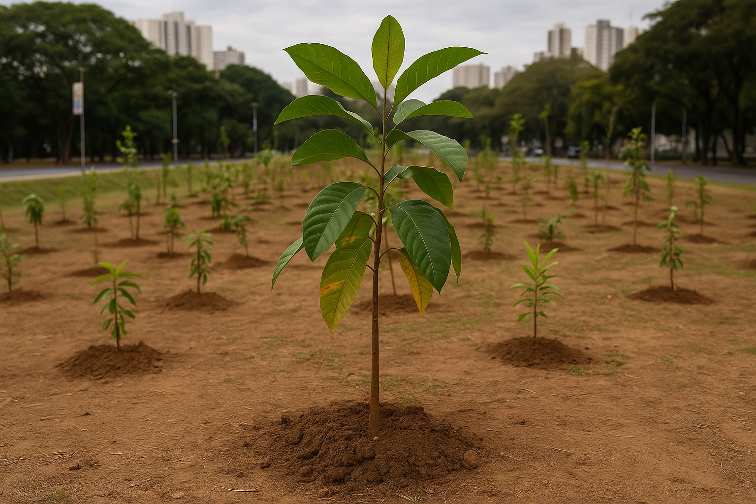 Plantio de árvores amazônicas em São Paulo com mudas jovens em solo seco do Bosque Urbano Andorinha.