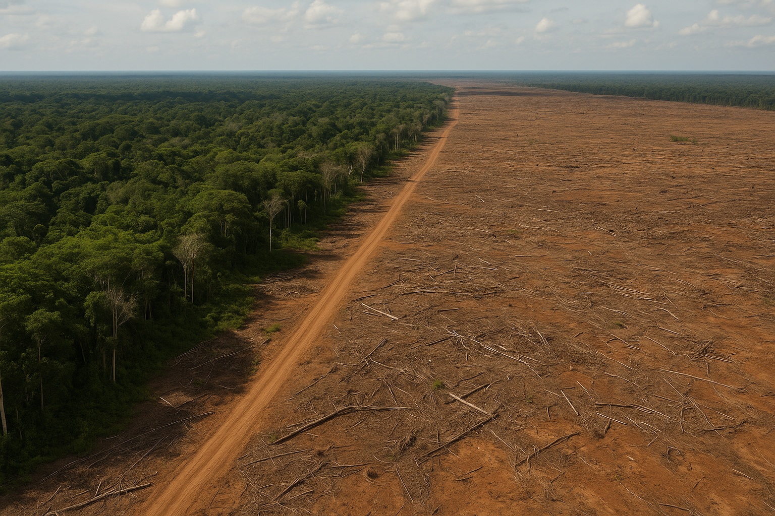 Vista aérea mostra contraste entre floresta amazônica preservada e área desmatada no Cerrado, simbolizando a redução do desmatamento em 2025.