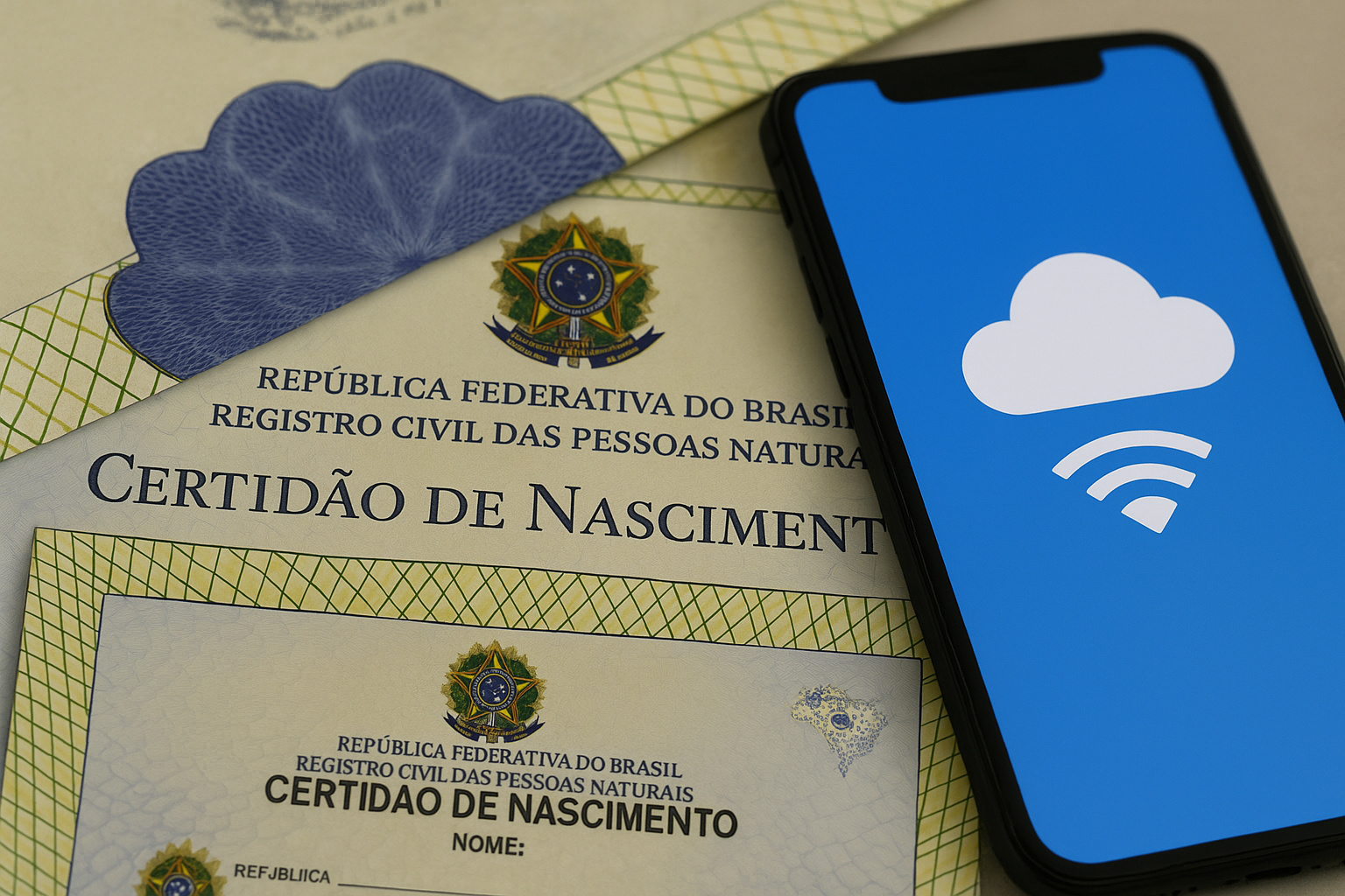 Certidões de nascimento brasileiras ao lado de um smartphone, simbolizando a emissão digital de documentos civis pelo portal RegistroCivil.org.br.