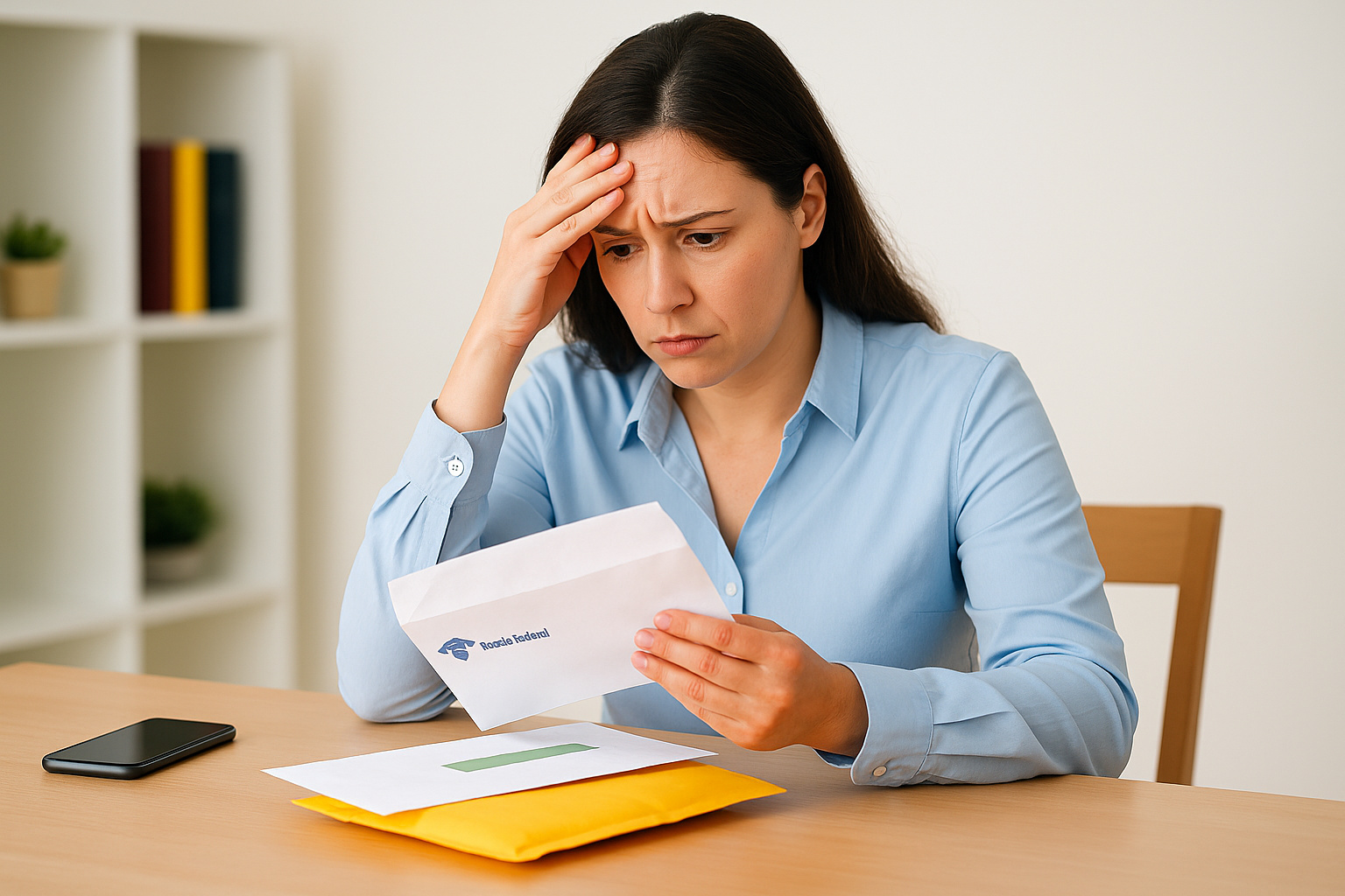 Mulher preocupada abre carta oficial da Receita Federal sobre a malha fina do IRPF 2025 em ambiente de escritório.