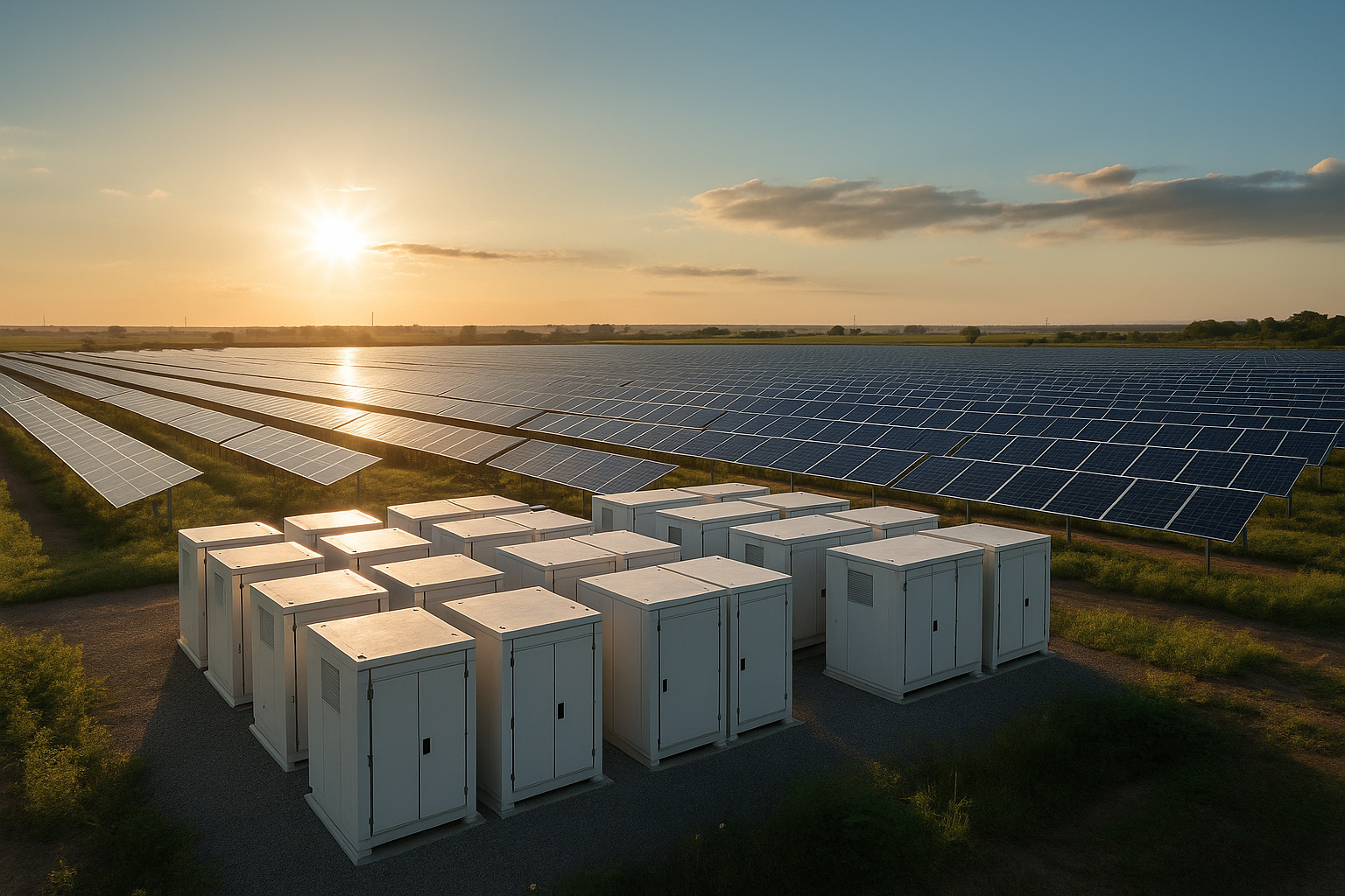 Painéis solares e baterias de armazenamento na Califórnia ao pôr do sol, representando energia limpa e redução do uso de gás natural.