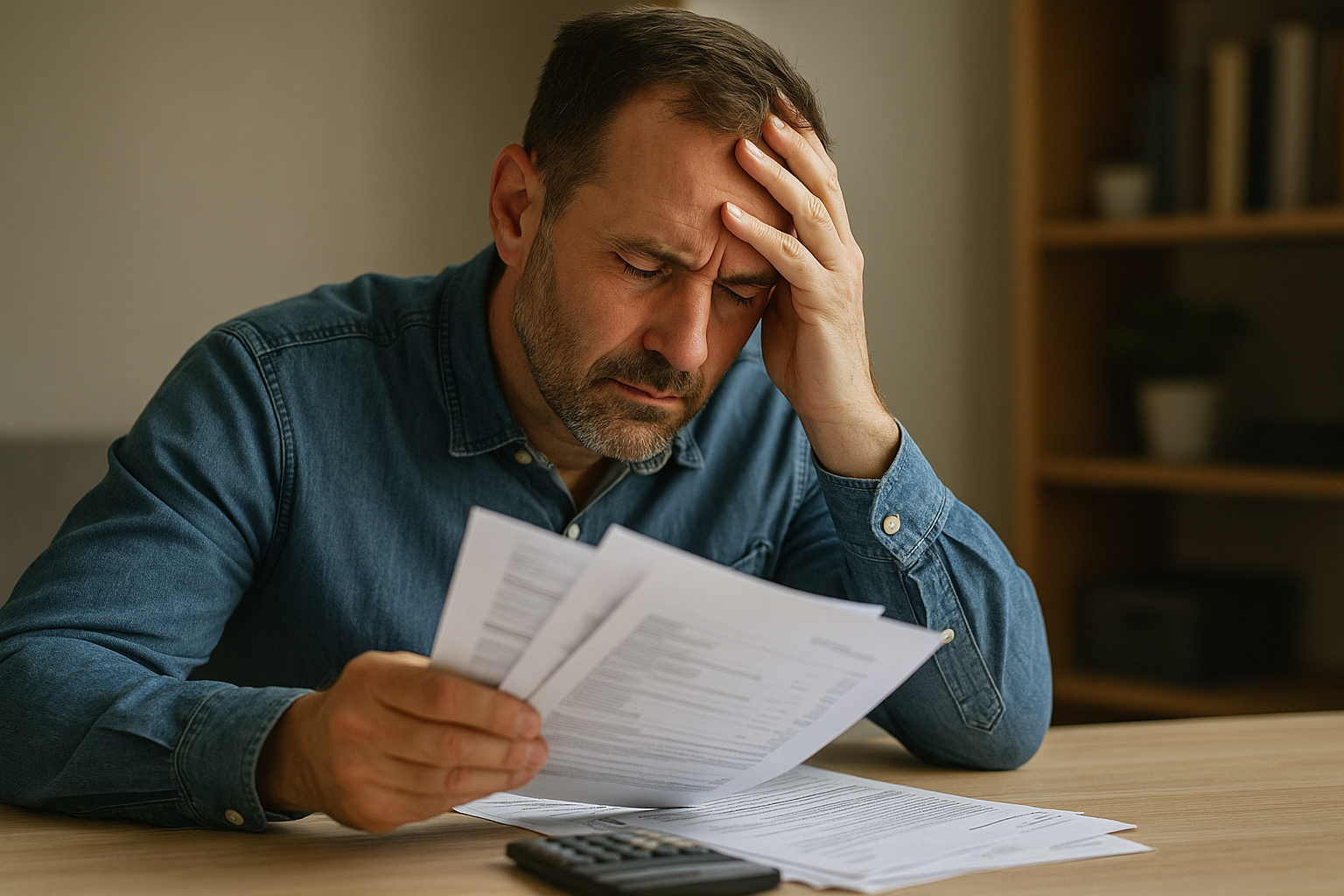 Homem preocupado analisa documentos e contas sobre a mesa, representando o drama do superendividamento e a busca por solução judicial na Justiça Comum.