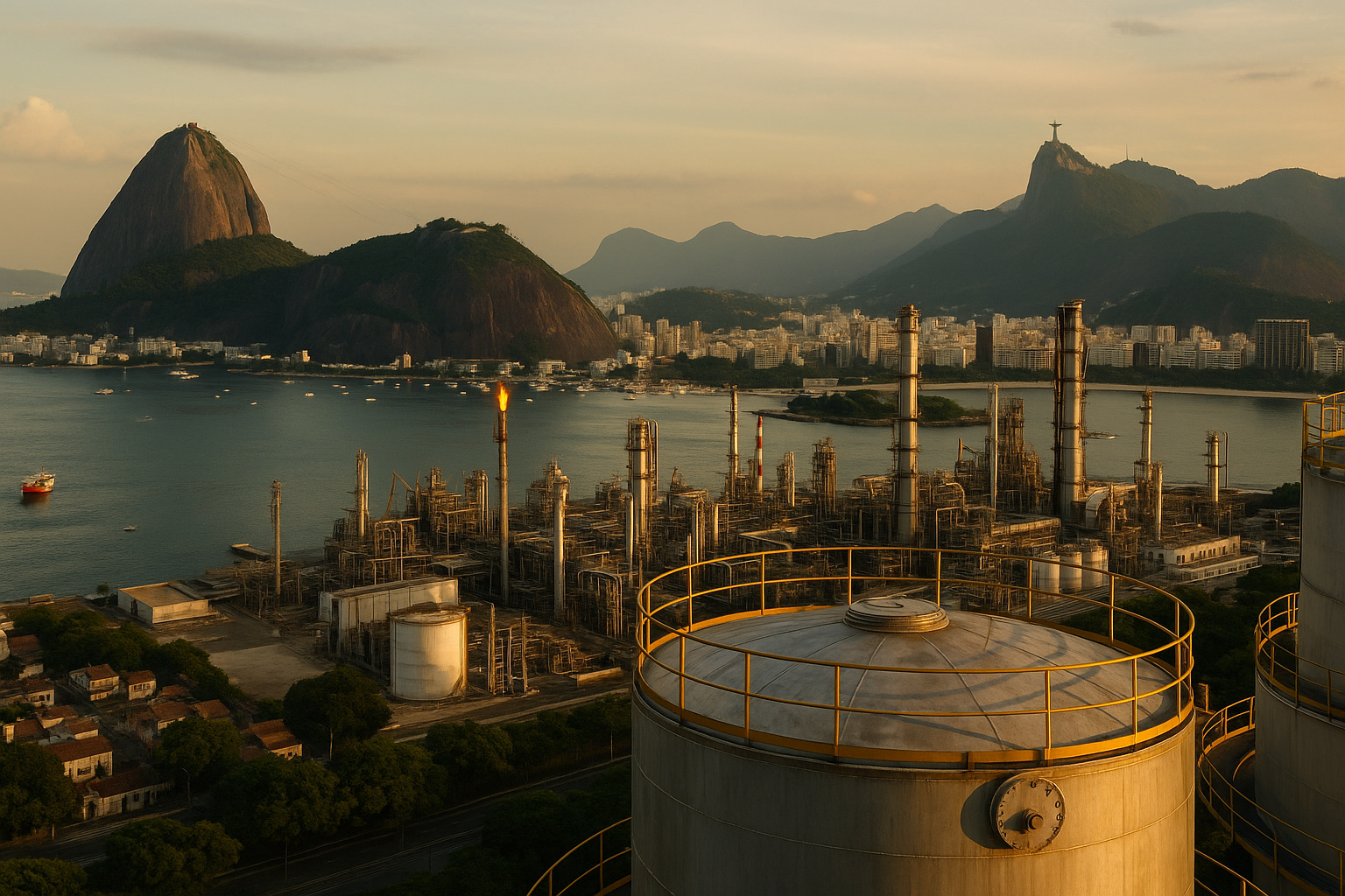 Refinaria de petróleo no Rio de Janeiro com o Pão de Açúcar e o Cristo Redentor ao fundo, representando o impacto econômico do aumento do FOT e do Repetro.