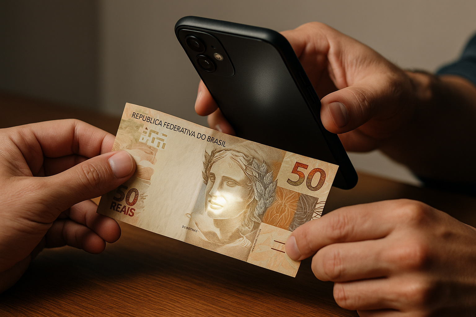 Pessoa usa o celular com lanterna acesa para verificar a autenticidade de uma nota de 50 reais, observando a marca d’água sob a luz.