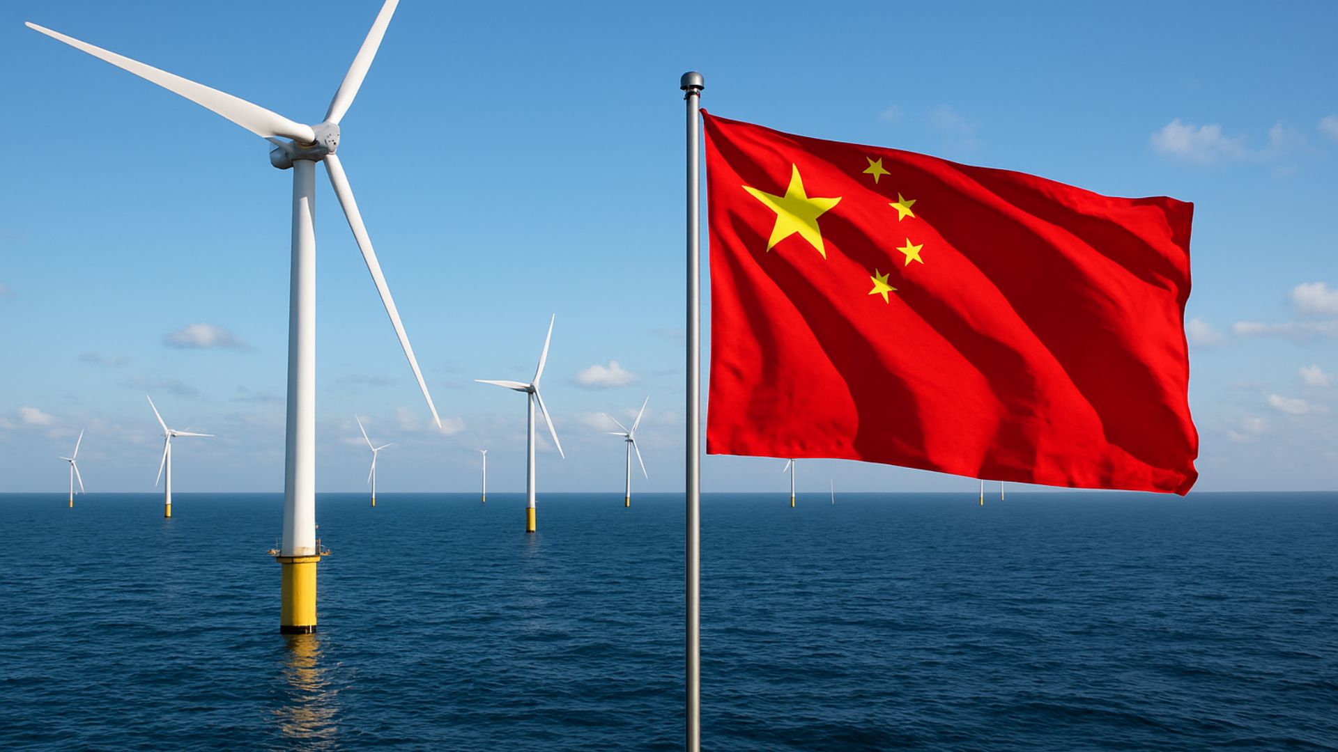 Torres eólicas offshore em alto-mar sob céu azul, com bandeira da China tremulando em primeiro plano.