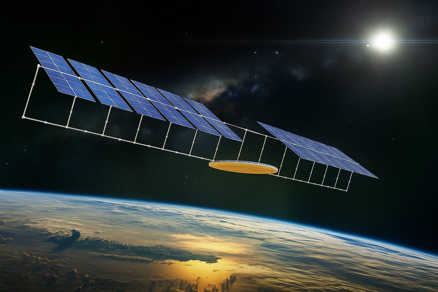 Satélite com painéis solares orbitando a Terra em alta resolução.