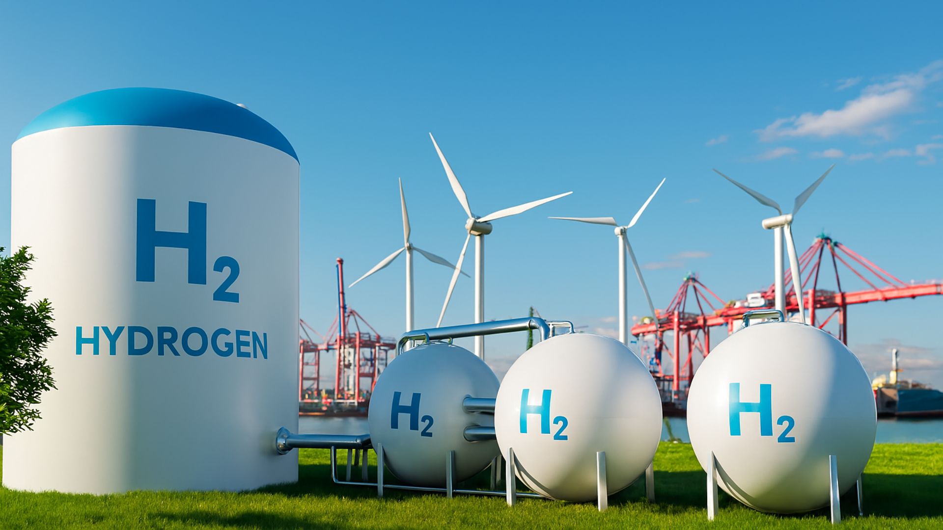 Infraestrutura portuária moderna com tanques de hidrogênio, turbinas eólicas e terminal marítimo, simbolizando cooperação internacional em energia limpa.