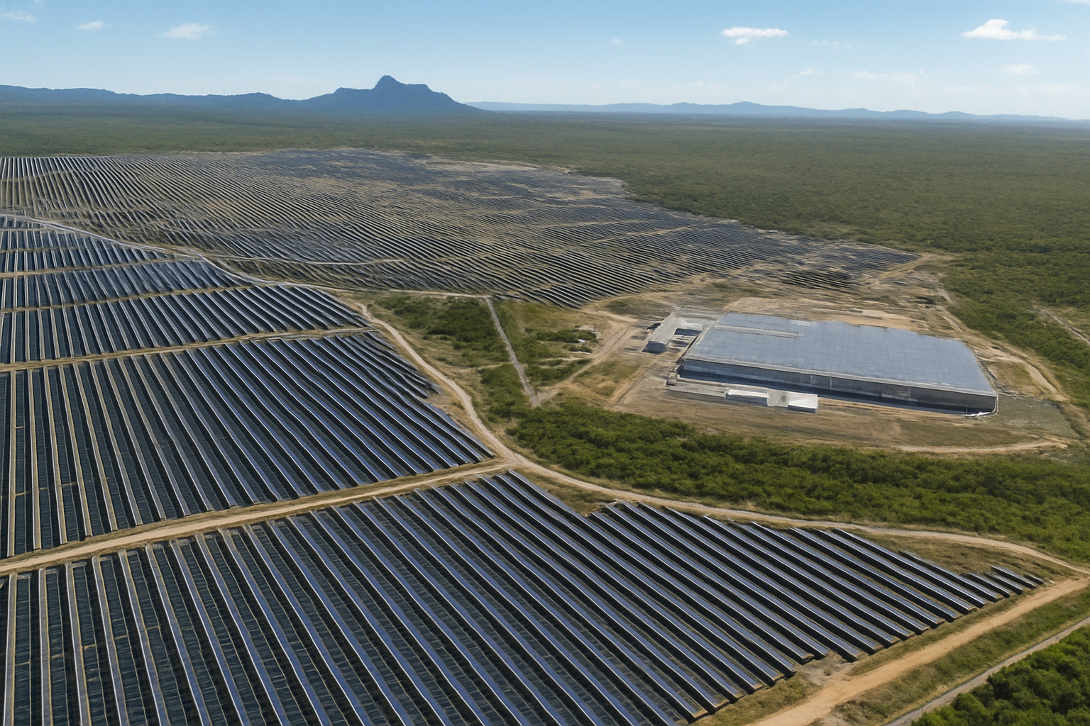 Vista aérea de uma usina solar com centenas de painéis solares sob o sol do meio-dia.