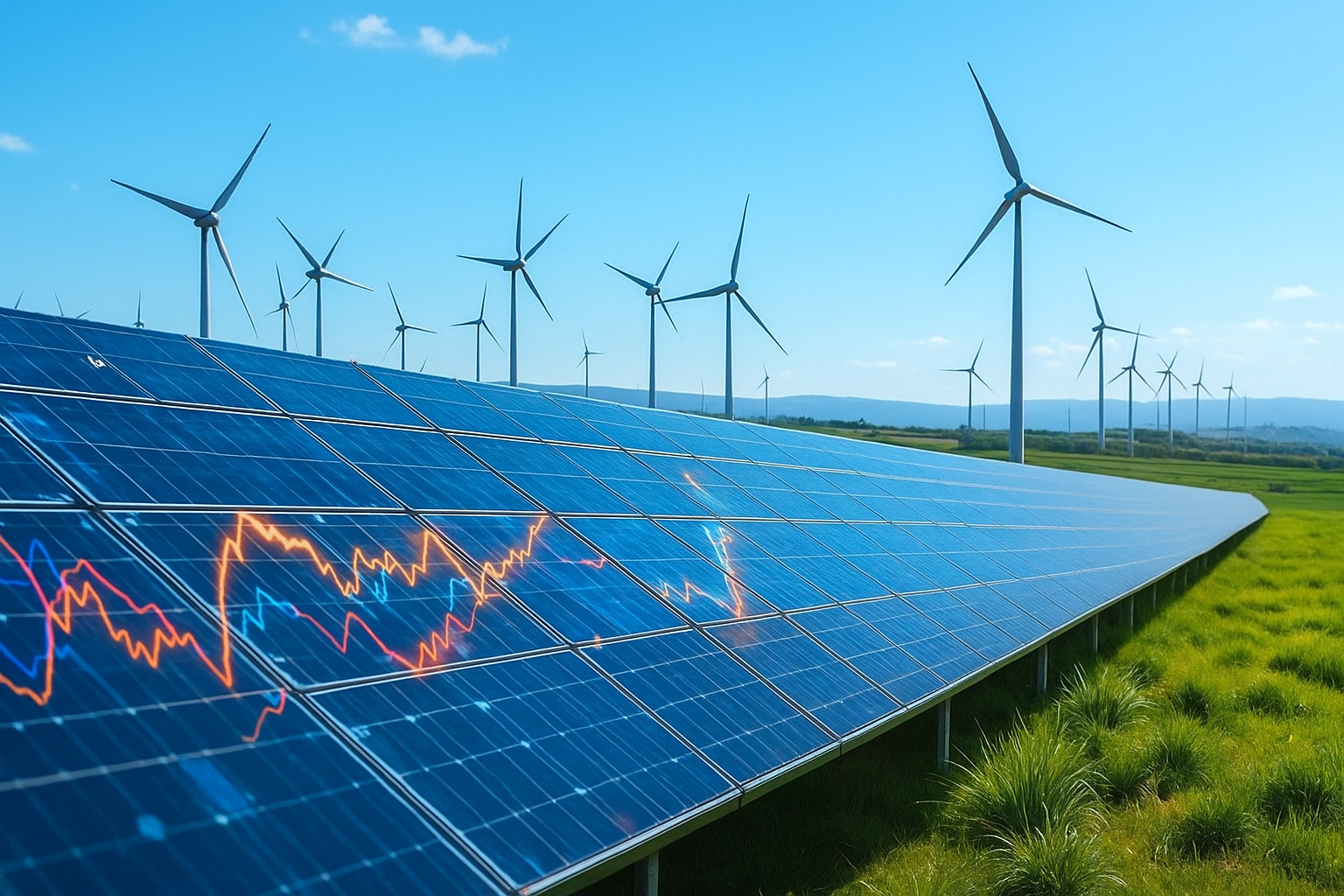 Painel solar refletindo gráficos de energia com turbinas eólicas ao fundo em um campo verde.