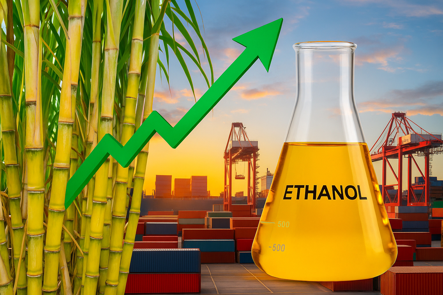 Tanques de etanol, safra de cana frustrada e porto com contêineres simbolizando déficit no Brasil em 2025.