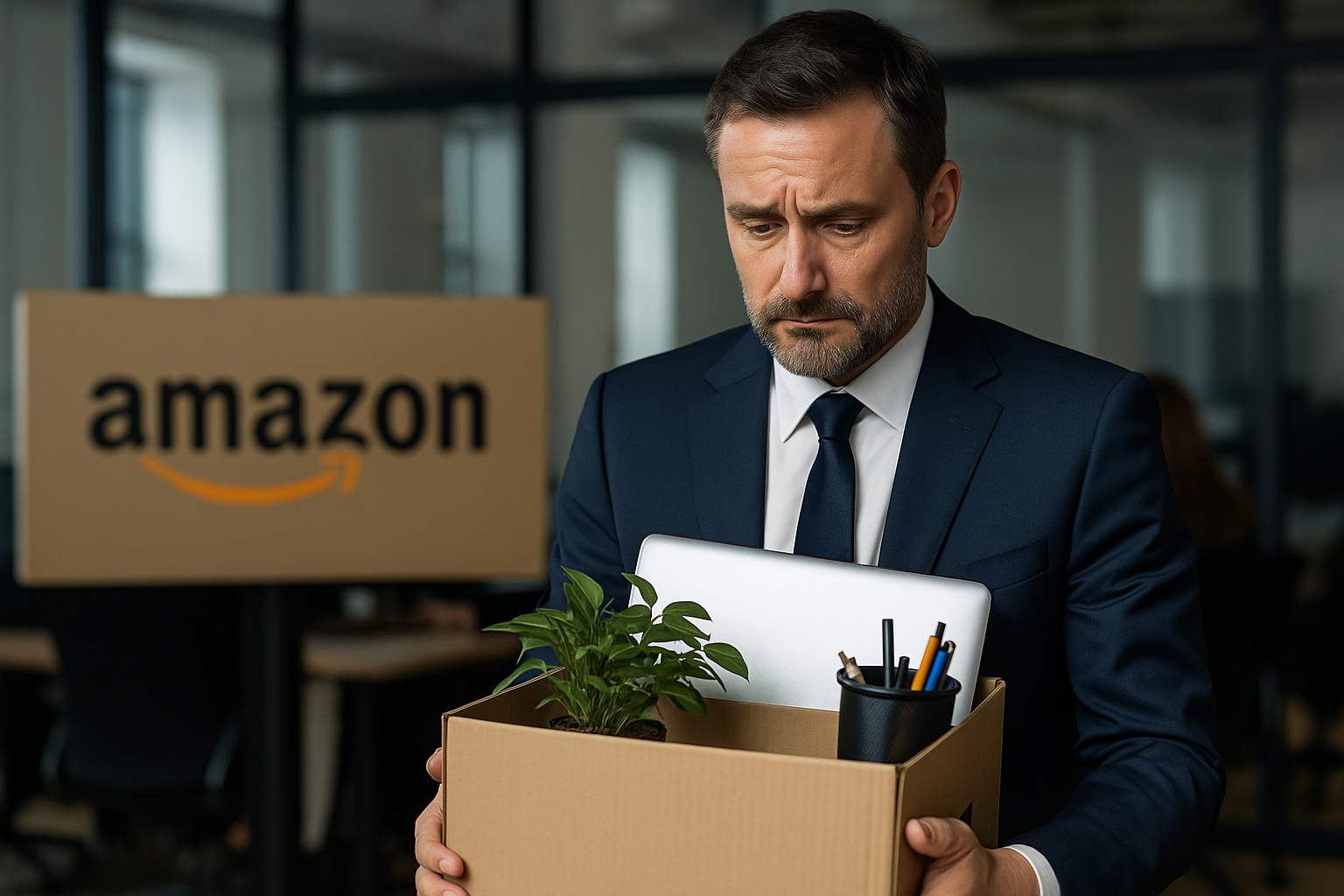 Funcionário da Amazon deixando o escritório com caixa de pertences após demissões corporativas em 2025