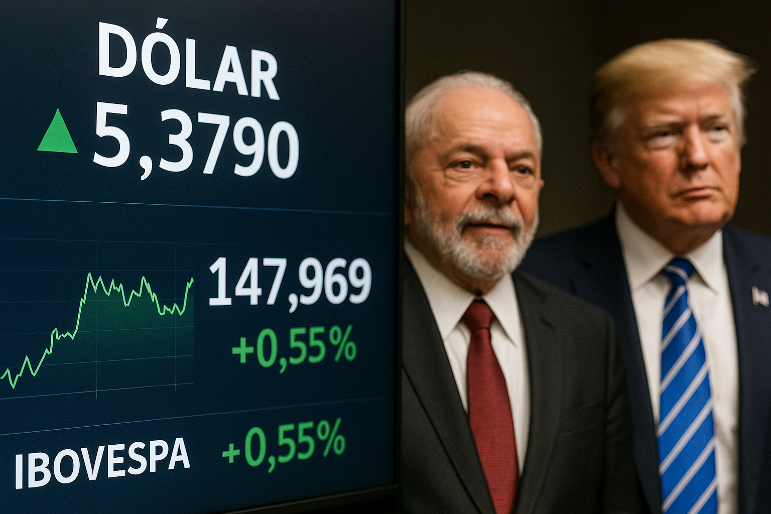 Lula e Donald Trump diante de painel da B3 com dados do Ibovespa e dólar em queda após reunião presidencial