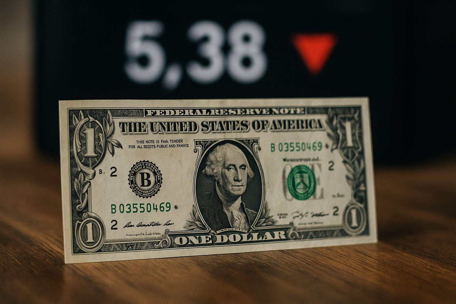 Nota de um dólar em destaque sobre mesa de madeira, com fundo mostrando número digital de cotação em queda, simbolizando o recuo da moeda americana frente ao real.