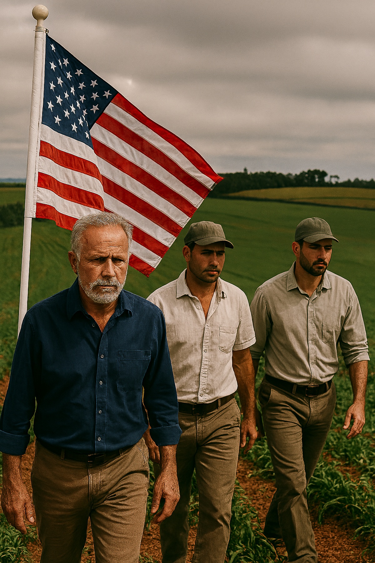 Homens em área rural com bandeira dos Estados Unidos representam o avanço estrangeiro sobre terras brasileiras e o impacto na soberania nacional.