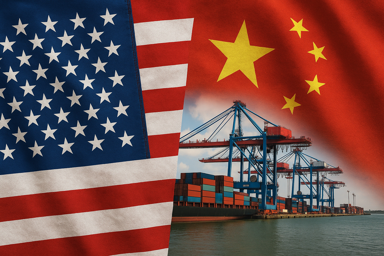 Porto dos Estados Unidos com guindastes e contêineres ao fundo, bandeiras dos EUA e da China destacando a tensão comercial entre os dois países.