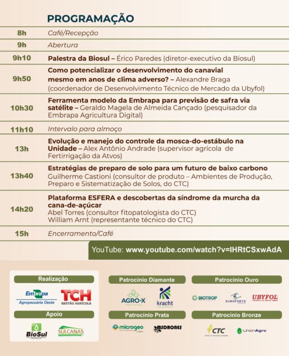Durante la programación, la Embrapa Agropecuária Oeste destaca palestras sobre avanços científicos, sustentabilidade e previsões agrícolas baseadas em dados