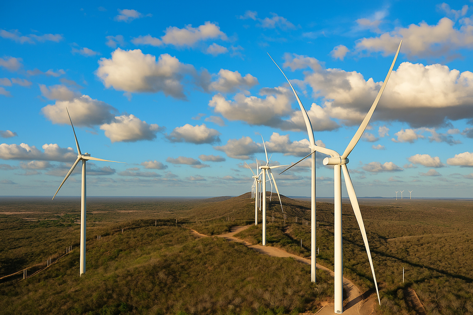 Aerogeradores em operação sob céu parcialmente nublado durante o dia.