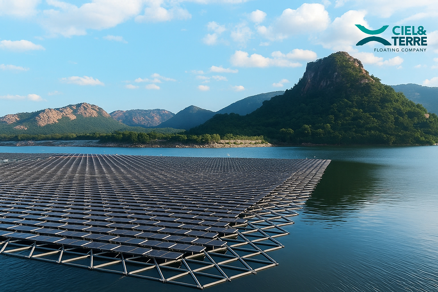 Painéis solares flutuantes sobre um lago cercado por montanhas, sob um céu com algumas nuvens.