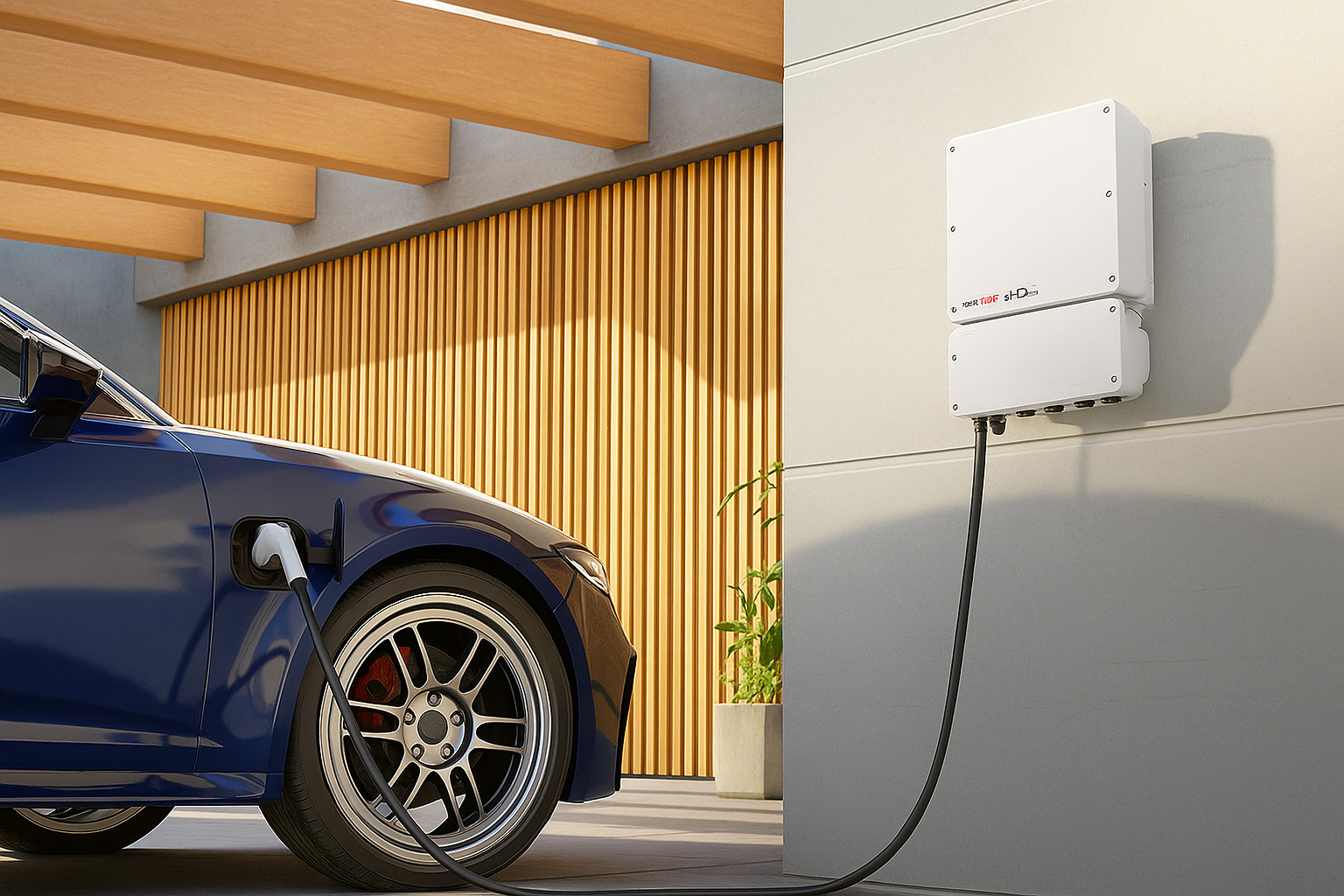 Carro elétrico azul sendo carregado em estação residencial durante o meio-dia.