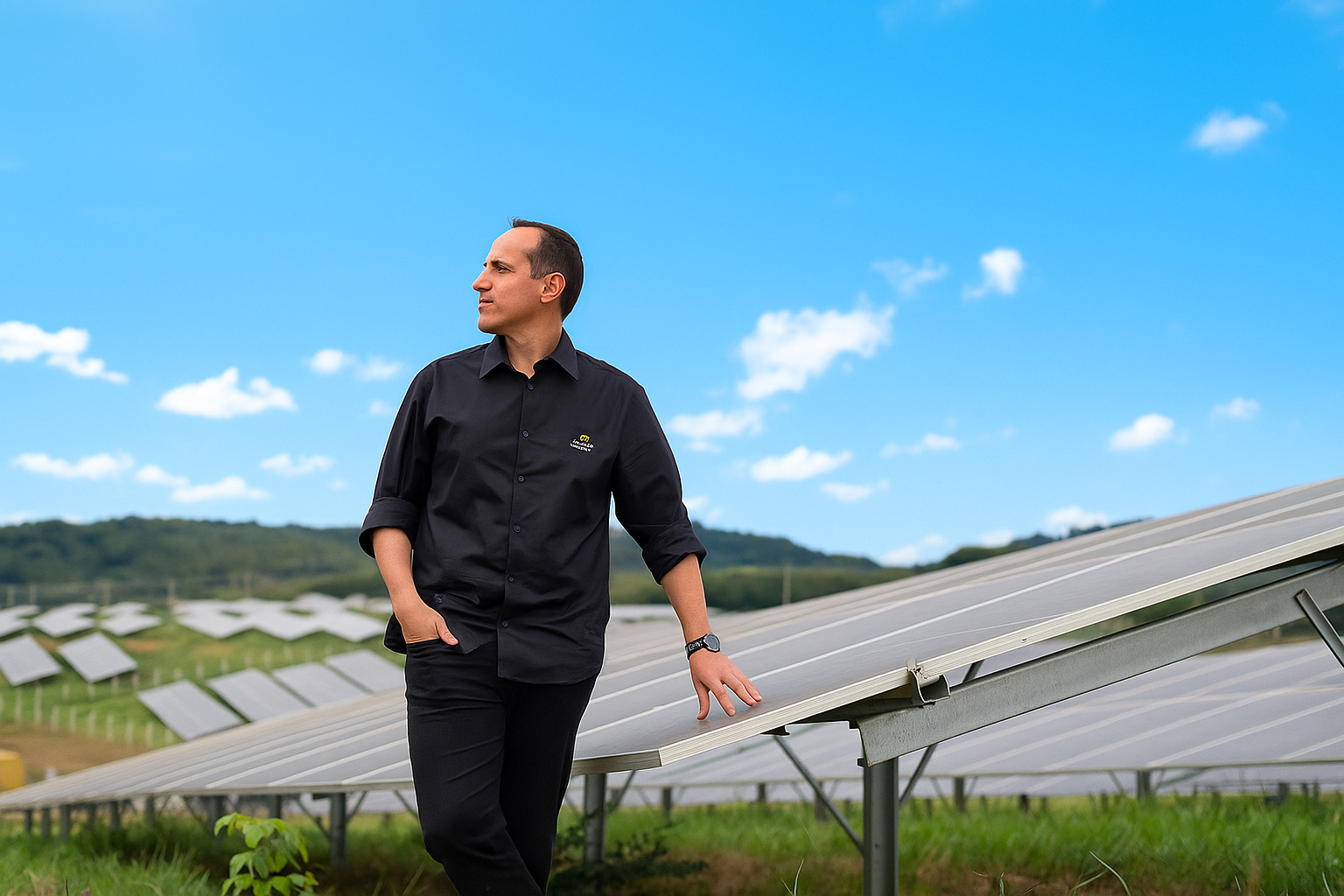Homem observando painéis solares sob céu parcialmente limpo durante o meio-dia.