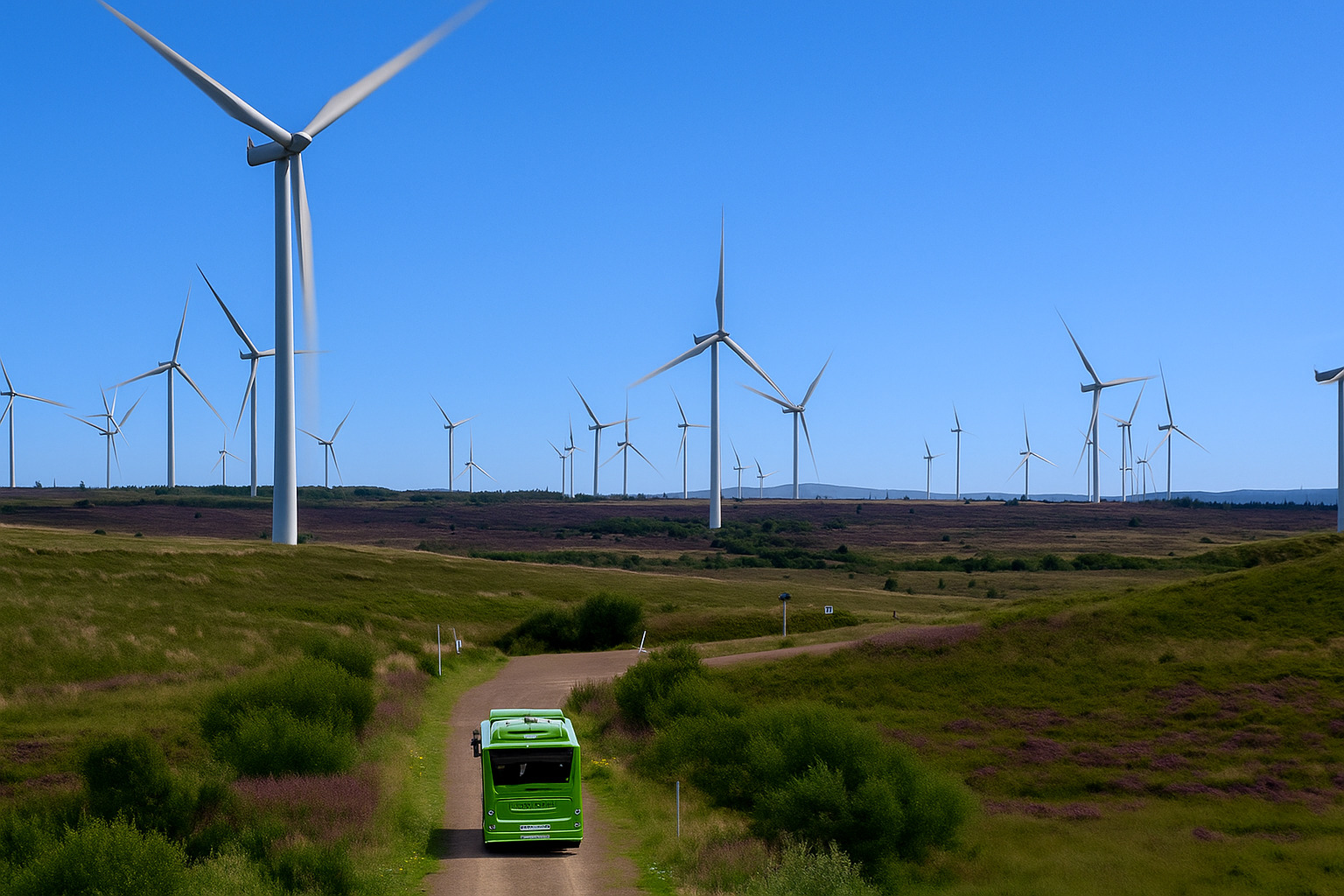 Parque eólico em uma vasta área verde sob um céu limpo e ensolarado, com diversas turbinas de vento gerando energia sustentável.