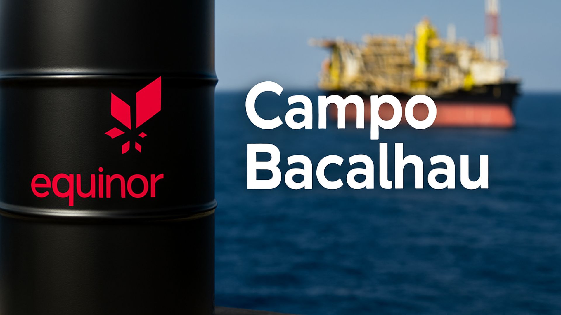 Barril de petróleo com logotipo da Equinor ao lado da frase “Campo Bacalhau”, com embarcação FPSO desfocada ao fundo sobre o oceano.