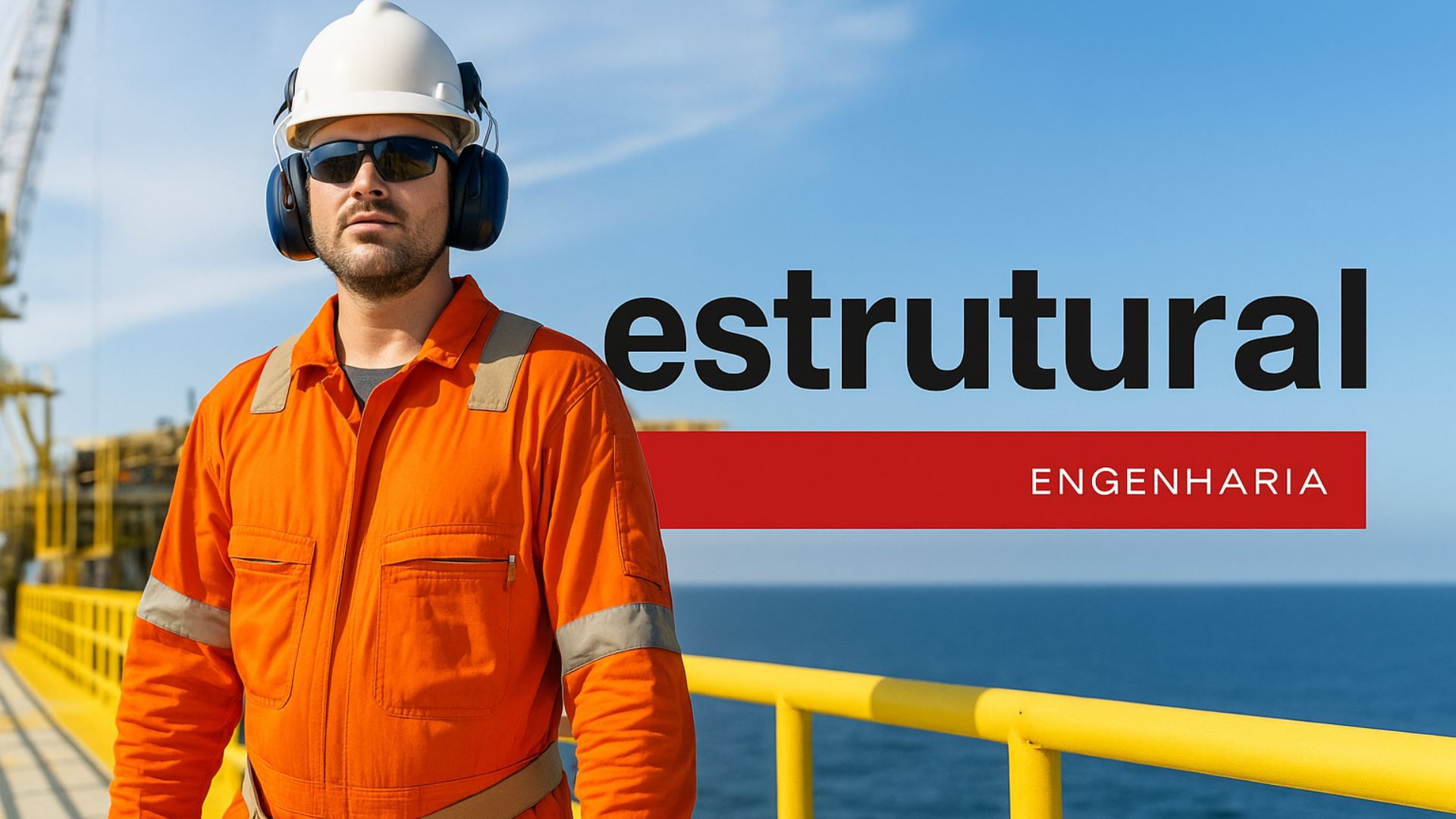Profissional da Estrutural Engenharia em plataforma offshore, usando EPI completo com macacão laranja, capacete branco e proteção auditiva, em ambiente industrial costeiro.