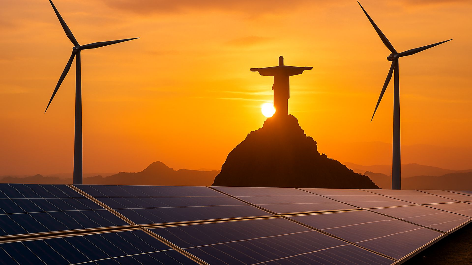 Painéis solares e turbinas eólicas em destaque com o Cristo Redentor ao fundo durante o pôr do sol, representando a transição energética sustentável no Rio de Janeiro.