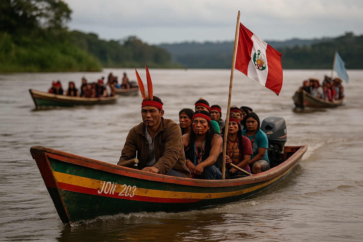 Flotilha indígena Yaku Mama navega por rio amazônico com canoas cheias de indígenas em trajes tradicionais e bandeiras, rumo à COP30 em Belém.