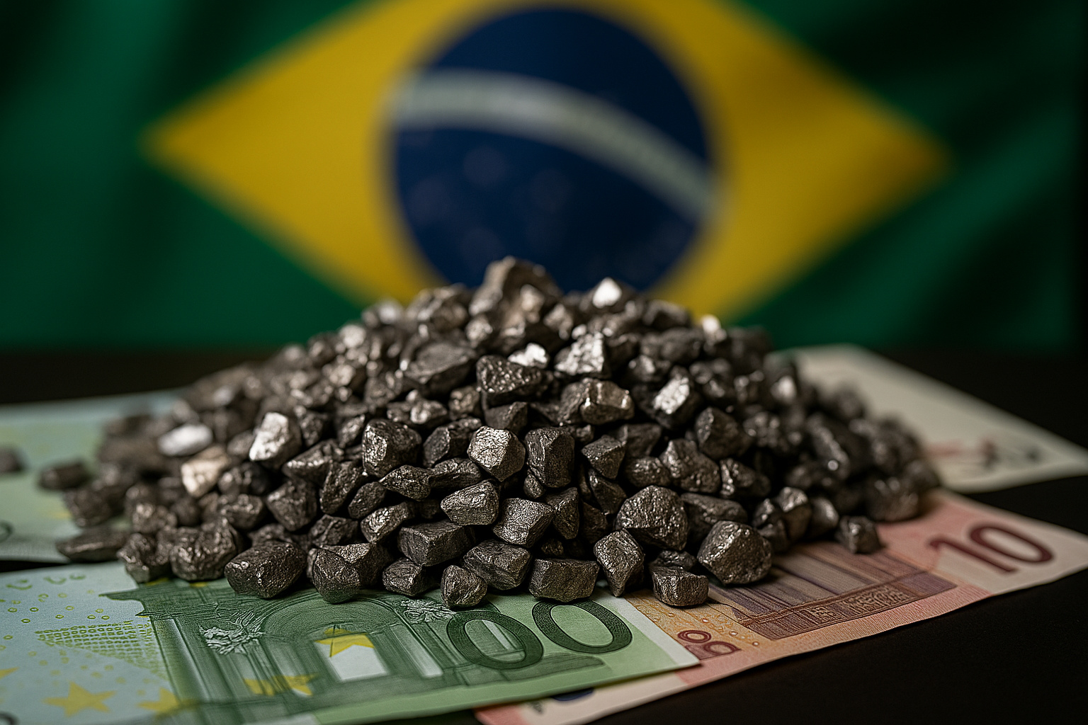 Pilhas de minerais metálicos raros sobre notas de euro com bandeira do Brasil ao fundo, representando o domínio nacional da cadeia produtiva das terras raras.