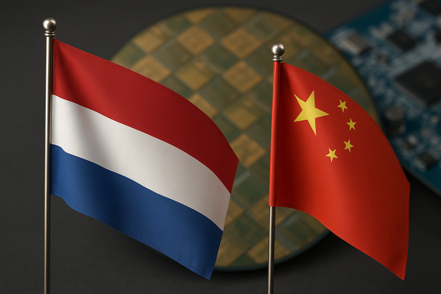 Bandeiras da Holanda e da China lado a lado com chips e placas eletrônicas ao fundo, simbolizando a disputa tecnológica europeia pelos semicondutores.