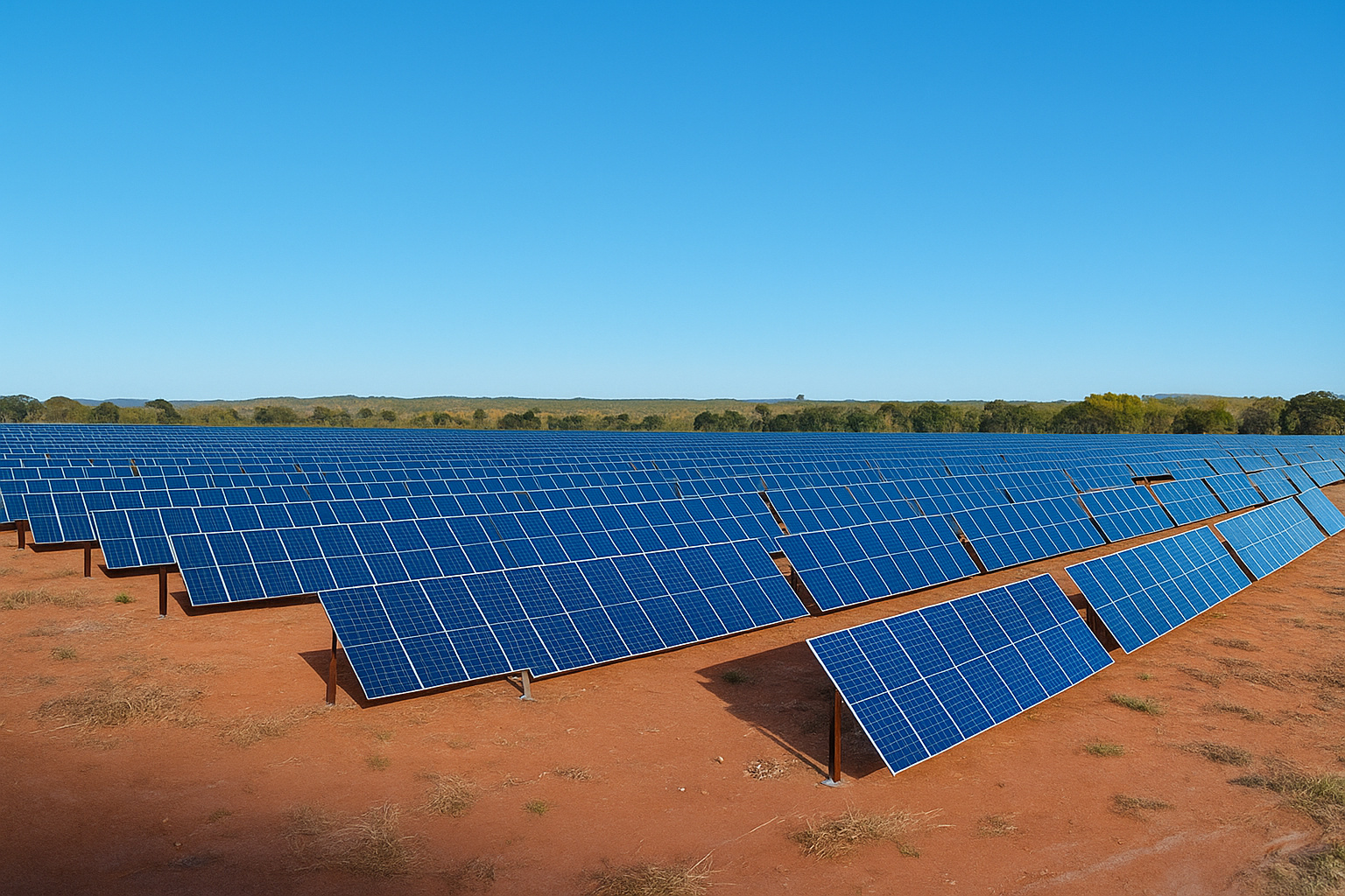 Painéis solares instalados em um campo sob um céu limpo e ensolarado.