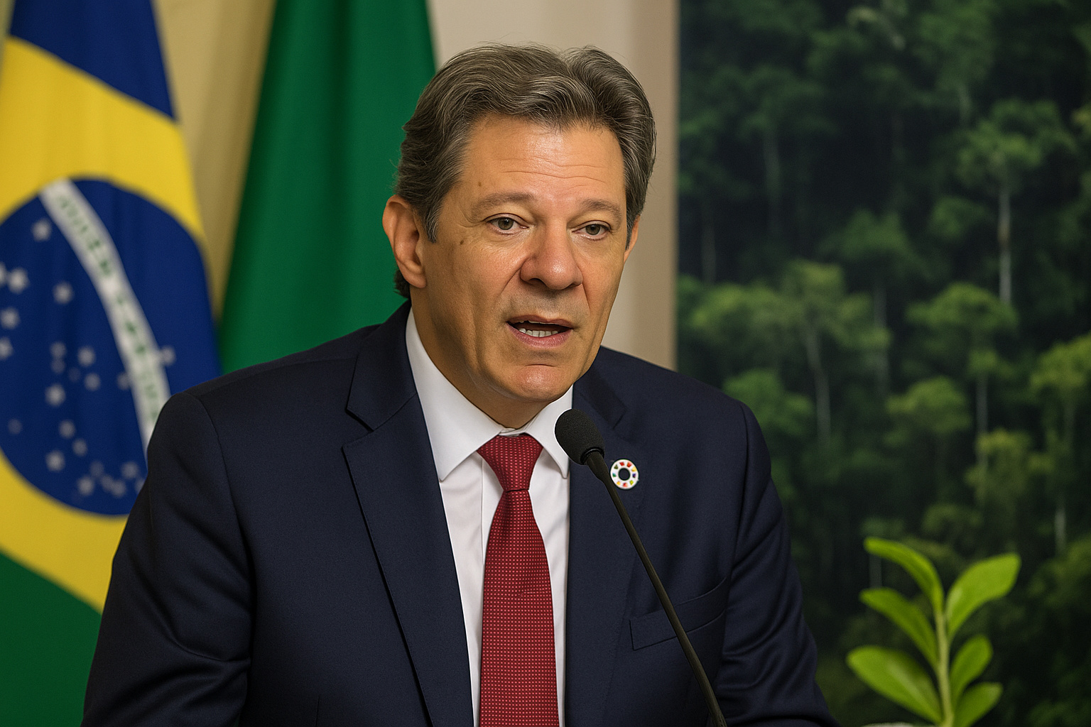 Ministro Fernando Haddad durante conferência internacional sobre financiamento climático na Pré-COP30 em Brasília, com bandeiras e fundo de floresta tropical.