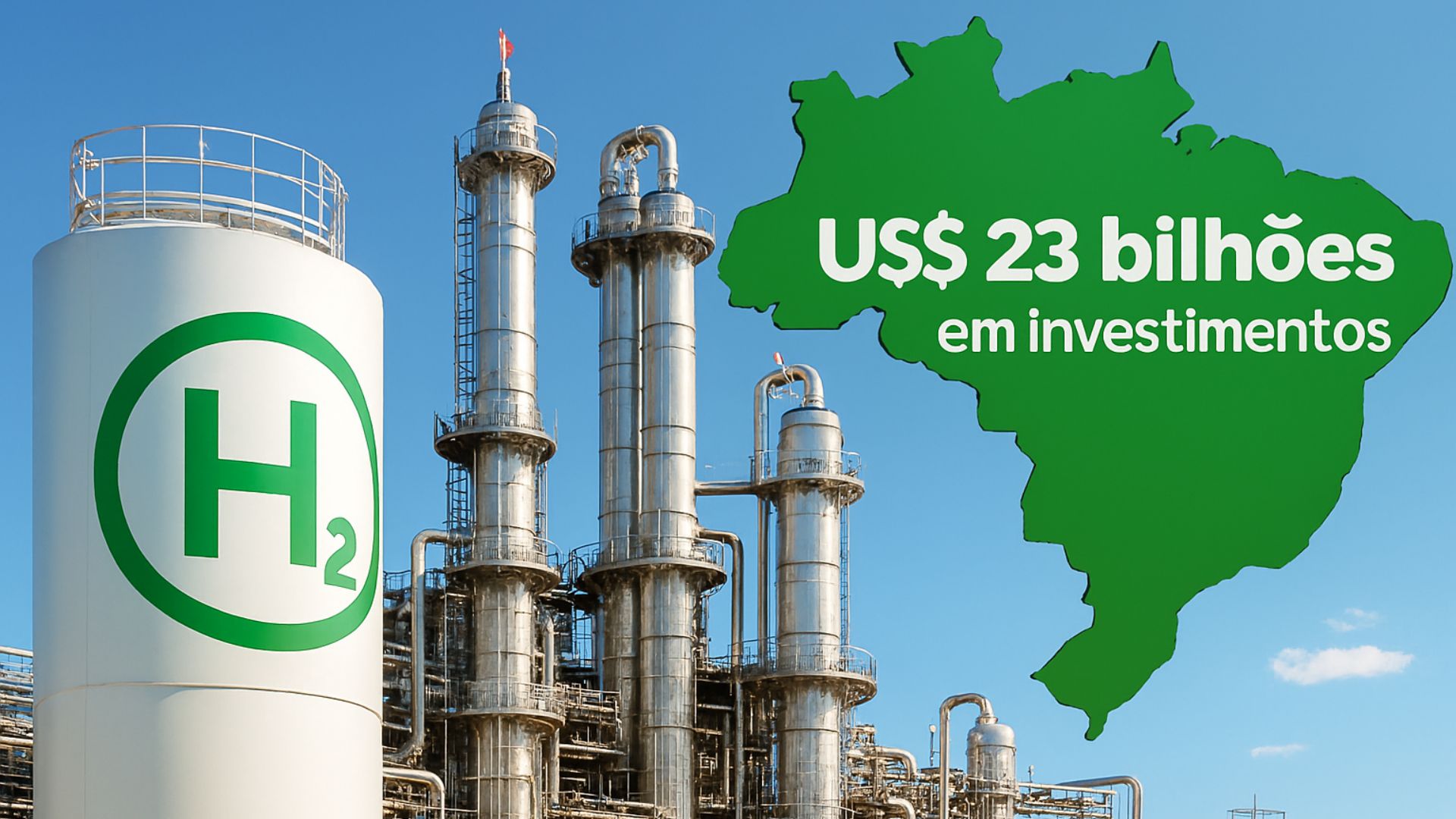 Planta industrial de hidrogênio verde com tanque H₂ em destaque e mapa do Brasil indicando US$ 23 bilhões em investimentos.