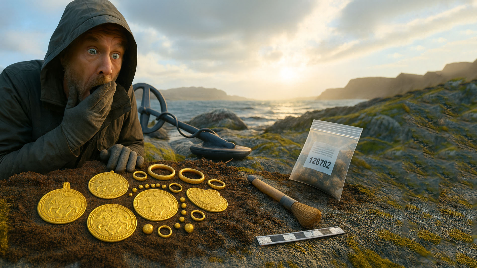 Homem de 51 anos acha colar de ouro de 1.500 anos com detector de metais, mas é obrigado a entregar tudo para o estado, em ilha perto de Stavanger, na Noruega