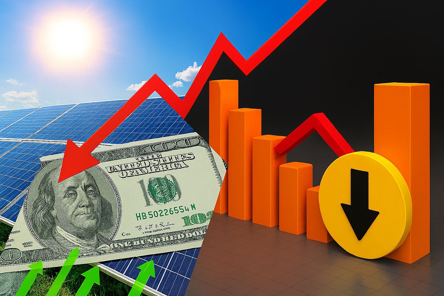 Gráfico em queda e nota de dólar simbolizando recuo do mercado financeiro com tensões globais afetando o Ibovespa e a economia mundial.