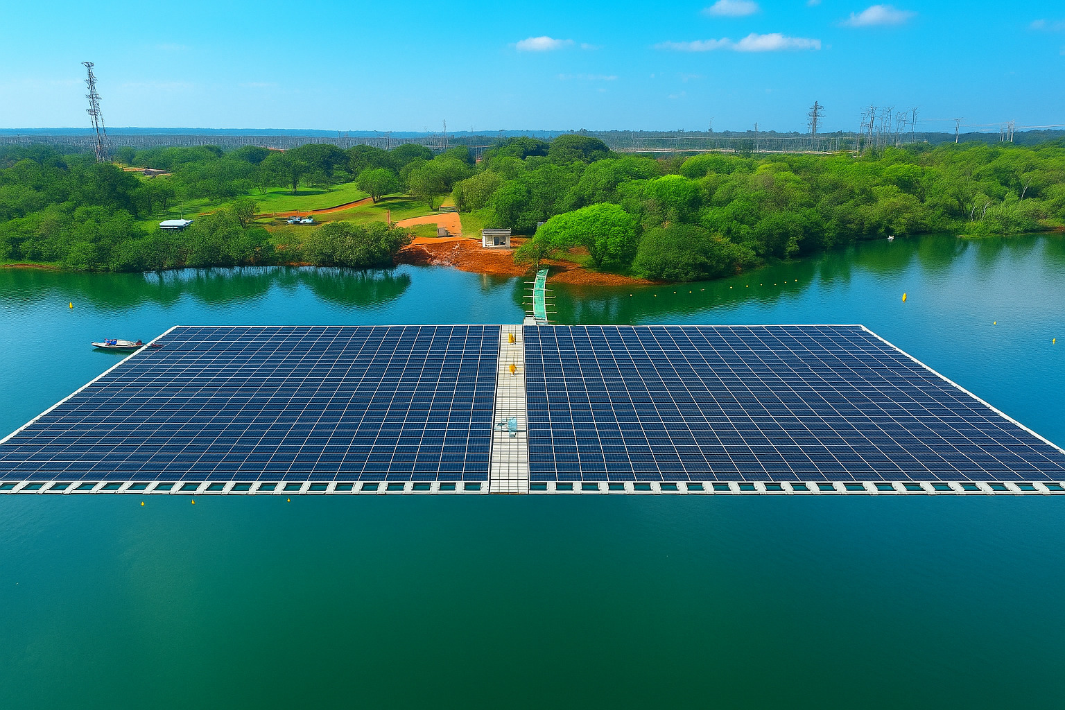 Painéis solares flutuantes instalados sobre um reservatório de água em um ambiente natural com cores vibrantes.