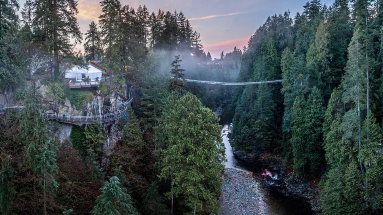 Vista aérea da ponte suspensa Capilano entre árvores densas e o rio abaixo — “Ponte Capilano suspensa sobre cânion e floresta em Vancouver” (Imagem: Vancouver Planner)