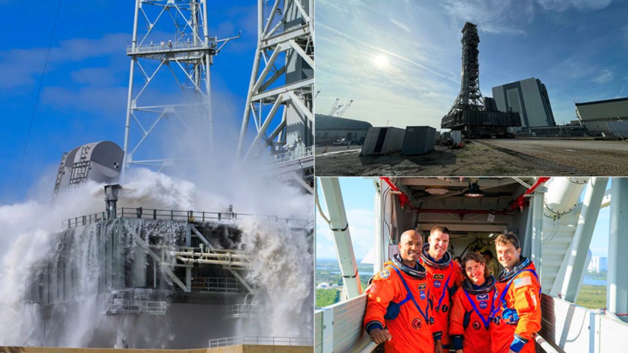 Prueba de flujo del sistema de diluvio en el módulo de lanzamiento móvil de Artemis II en el Kennedy Space Center en octubre de 2023. (Imagen: NASA)