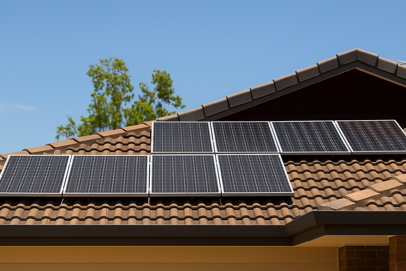 Painéis solares instalados em um telhado com céu limpo e ensolarado.