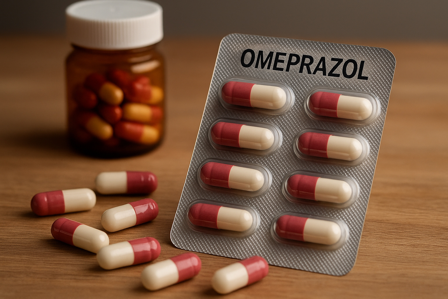 Blister de cápsulas de omeprazol sobre superfície de madeira, com frasco âmbar ao fundo desfocado