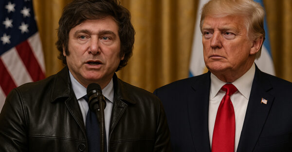 Javier Milei e Donald Trump durante encontro oficial com bandeiras da Argentina e dos Estados Unidos ao fundo, simbolizando aliança política e apoio internacional.