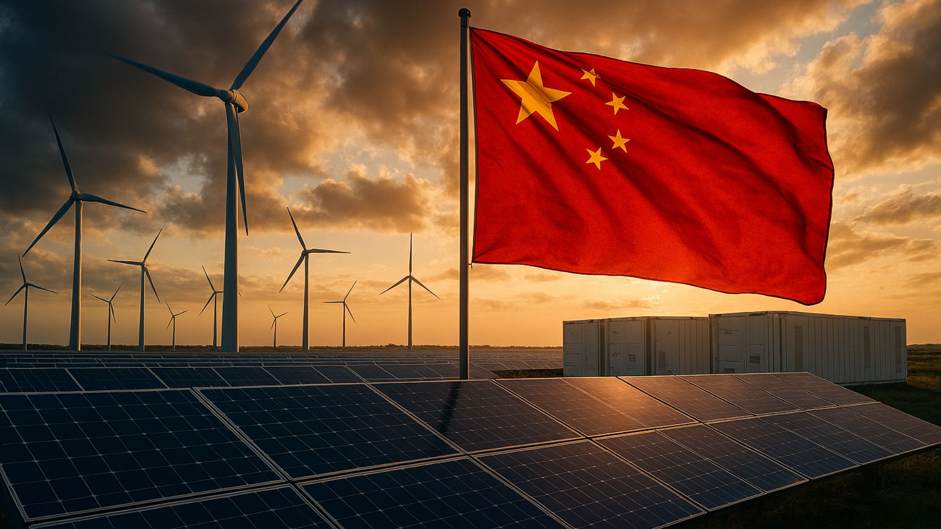 Bandeira da China em primeiro plano diante de painéis solares, turbinas eólicas e unidades de armazenamento de energia em um cenário dramático ao pôr do sol.