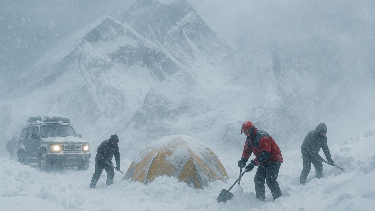 Nevasca intensa no Monte Everest deixa cerca de mil pessoas presas no Tibete. Equipes de resgate enfrentam neve densa e estradas bloqueadas.