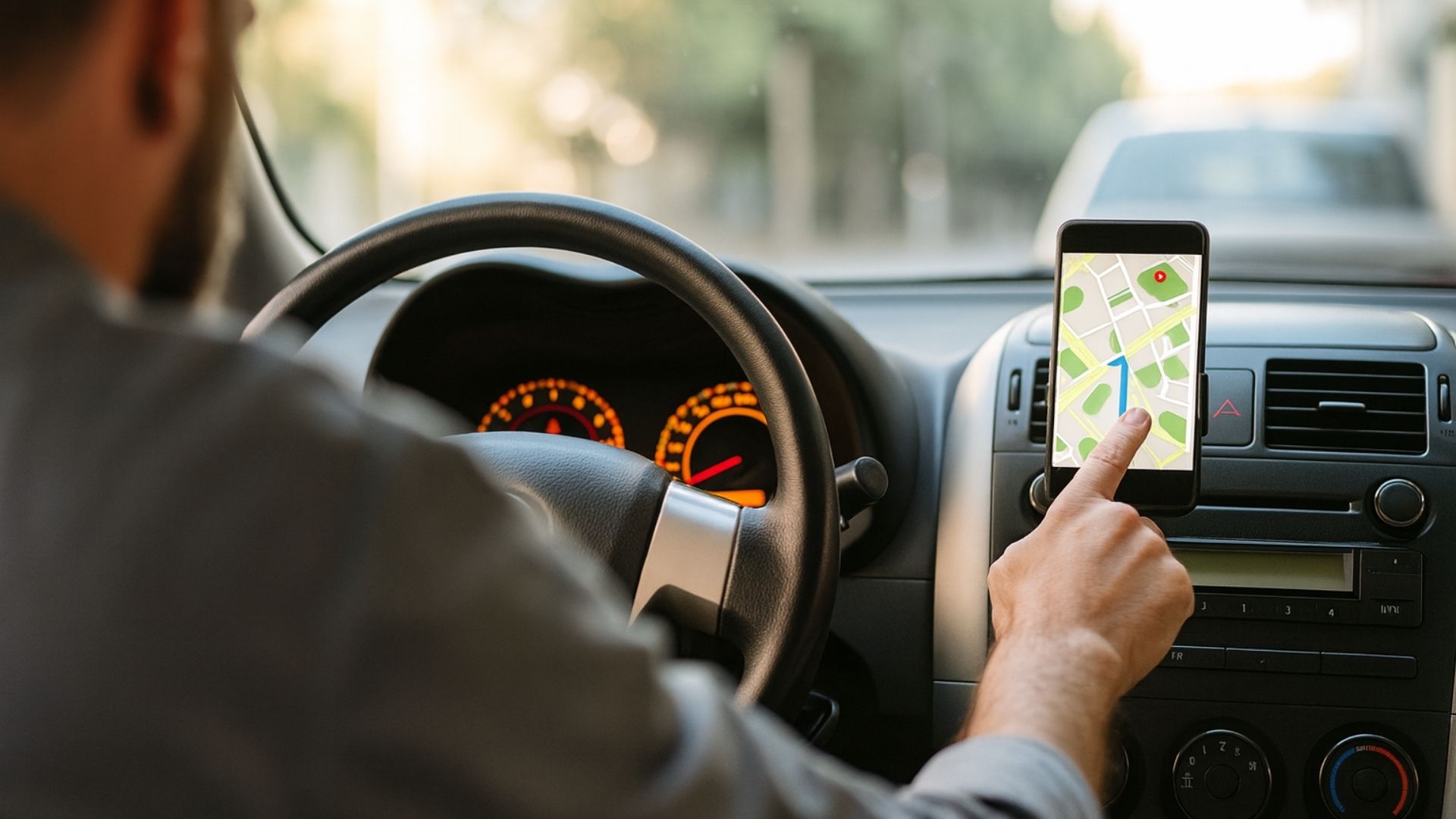 Motorista de aplicativo utiliza o celular fixado no painel do carro para seguir rotas pelo Google Maps, representando o uso de apps como Waze, For Driver, rebU e TomTom Go que ajudam motoristas com navegação, segurança e economia de combustível.