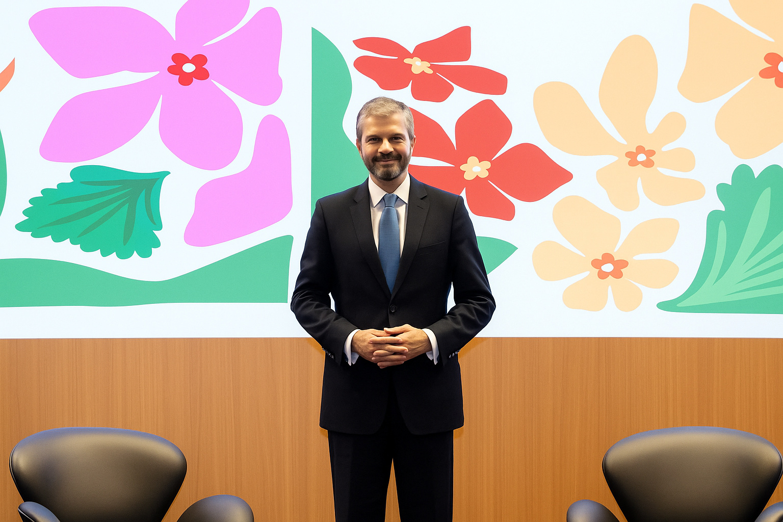 Homem de terno posa em frente a um painel colorido com flores estilizadas.